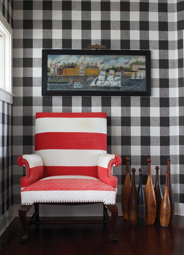interior-fancy-contemporary-black-and-white-wallpaper-design-idea-with-plaid-motive-red-white-chair-and-black-painting-frame-exciting-contemporary-wallpaper-design-ideas
